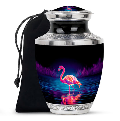 Rich Black Flamingo Cremation Urn side profile showing urn shape - contemporary flamingo design with modern artistic flair - full-size 10 inch 200 cubic inch adult cremation urn