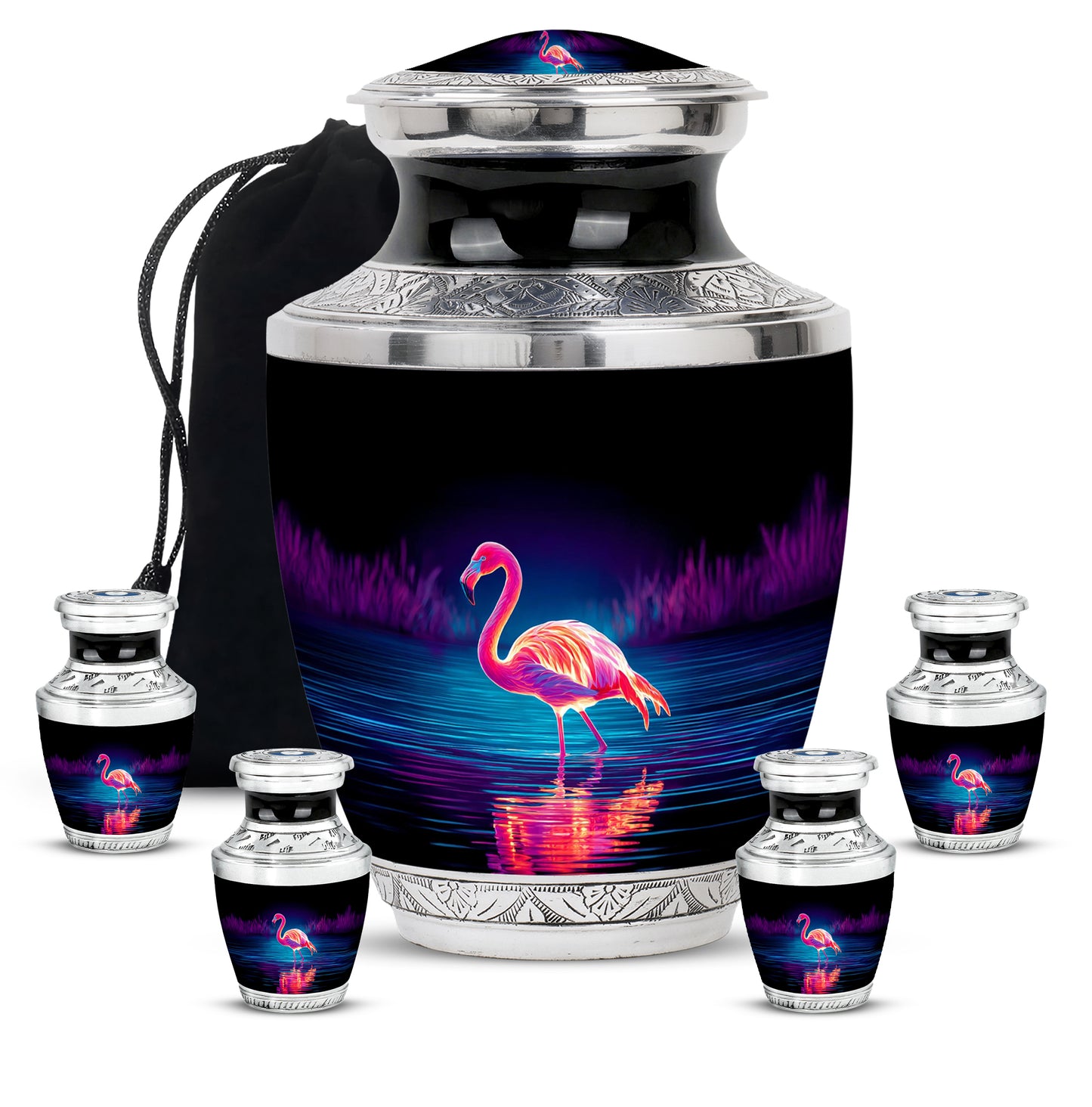Glossy Black Flamingo Cremation Urn lifestyle display on memorial shelf - contemporary flamingo design with modern artistic flair - memorial set with one large and four small urns