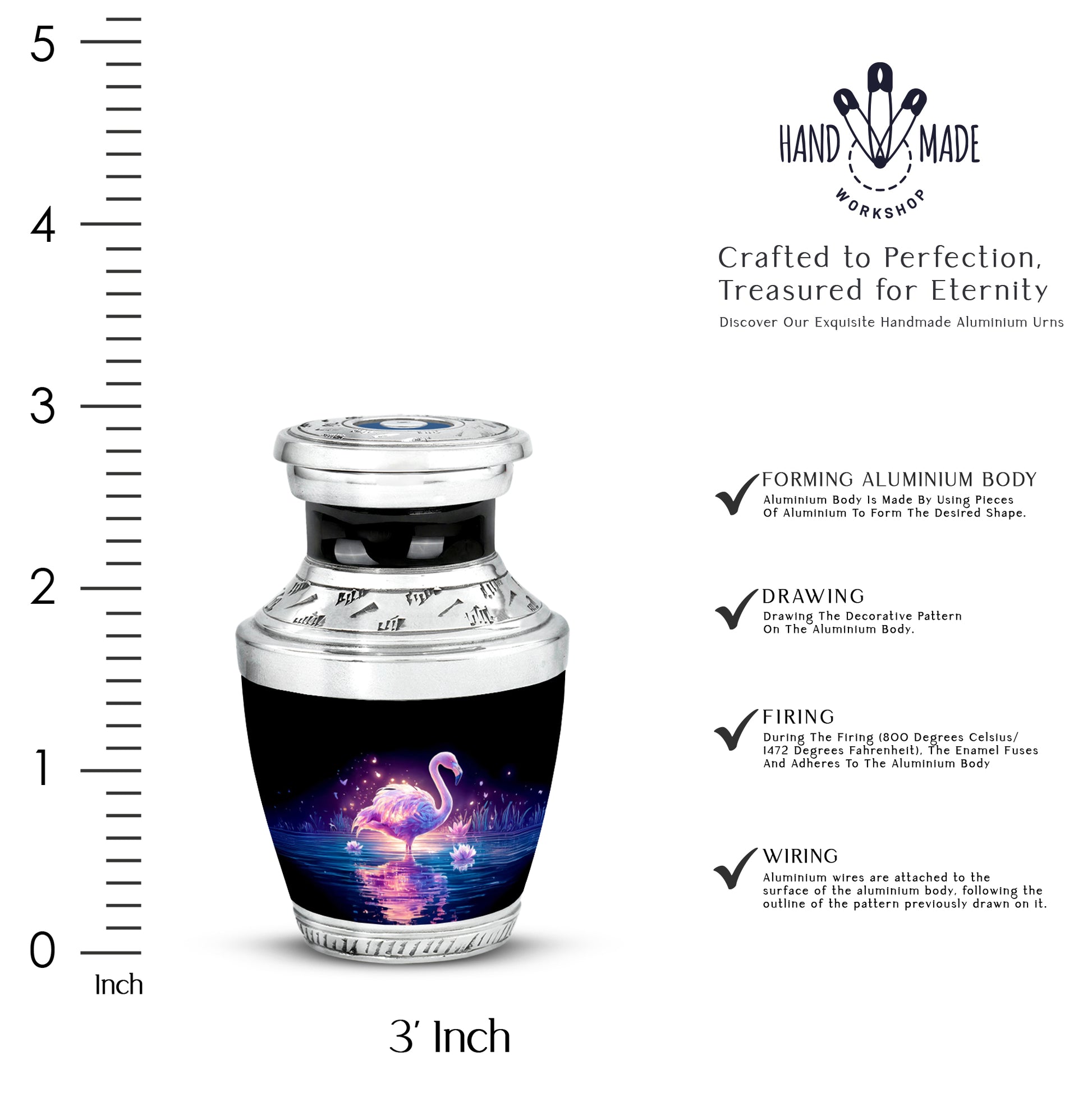 Ebony Flamingo Cremation Urn top-down view of secure threaded lid - modern art-inspired flamingo motif on sleek aluminum - mini keepsake memorial for portion of cremation ashes