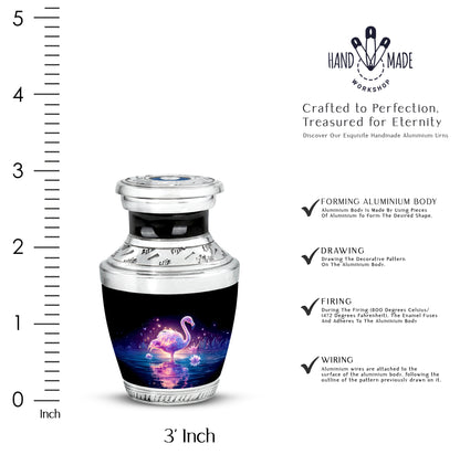 Ebony Flamingo Cremation Urn top-down view of secure threaded lid - modern art-inspired flamingo motif on sleek aluminum - mini keepsake memorial for portion of cremation ashes