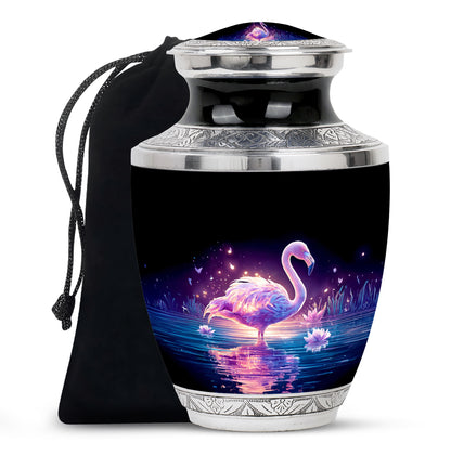 Glossy Black Flamingo Cremation Urn side profile showing urn shape - modern art-inspired flamingo motif on sleek aluminum - full-size 10 inch 200 cubic inch adult cremation urn