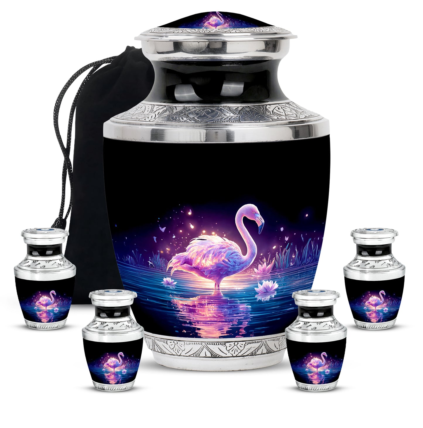 Midnight Black Flamingo Cremation Urn lifestyle display on memorial shelf - stylized abstract flamingo pattern with bold lines - memorial set with one large and four small urns