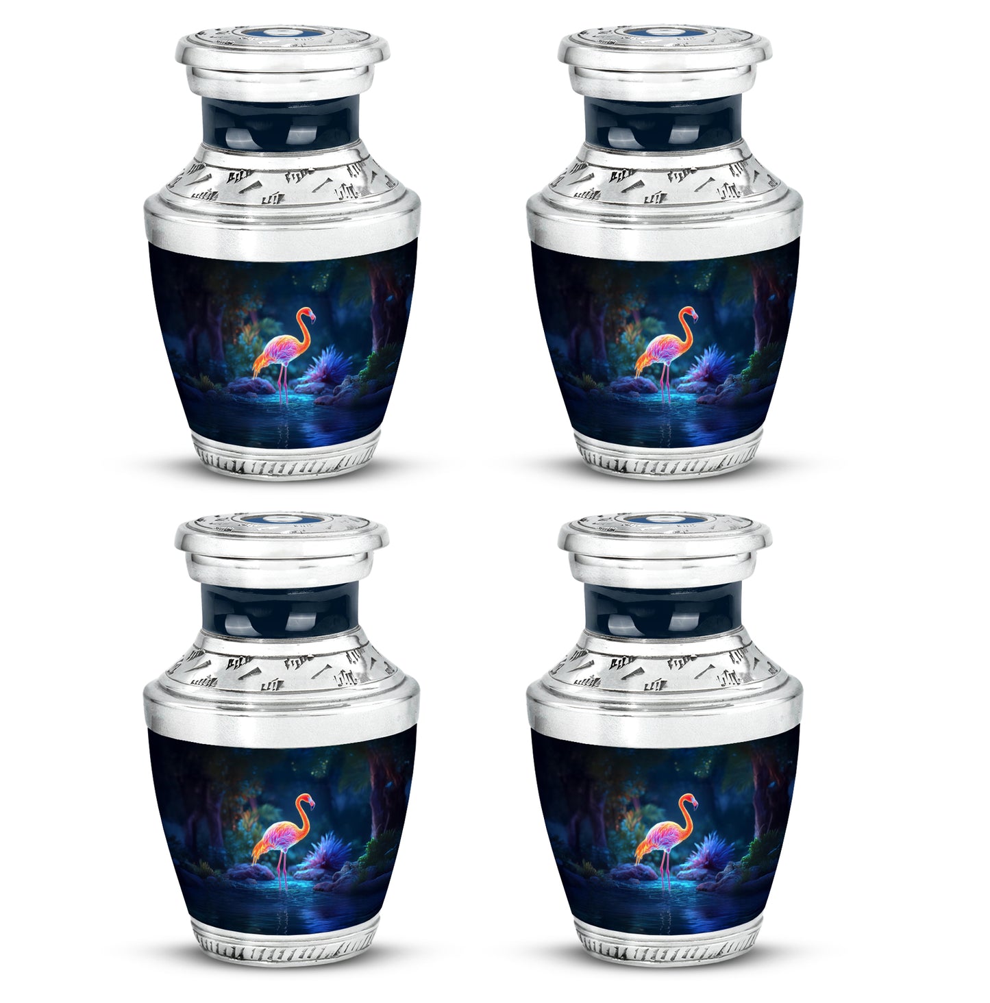 Royal Blue Flamingo Cremation Urn back view with polished surface - stylized abstract flamingo pattern with bold lines - 10 inch aluminum urn for cremated remains