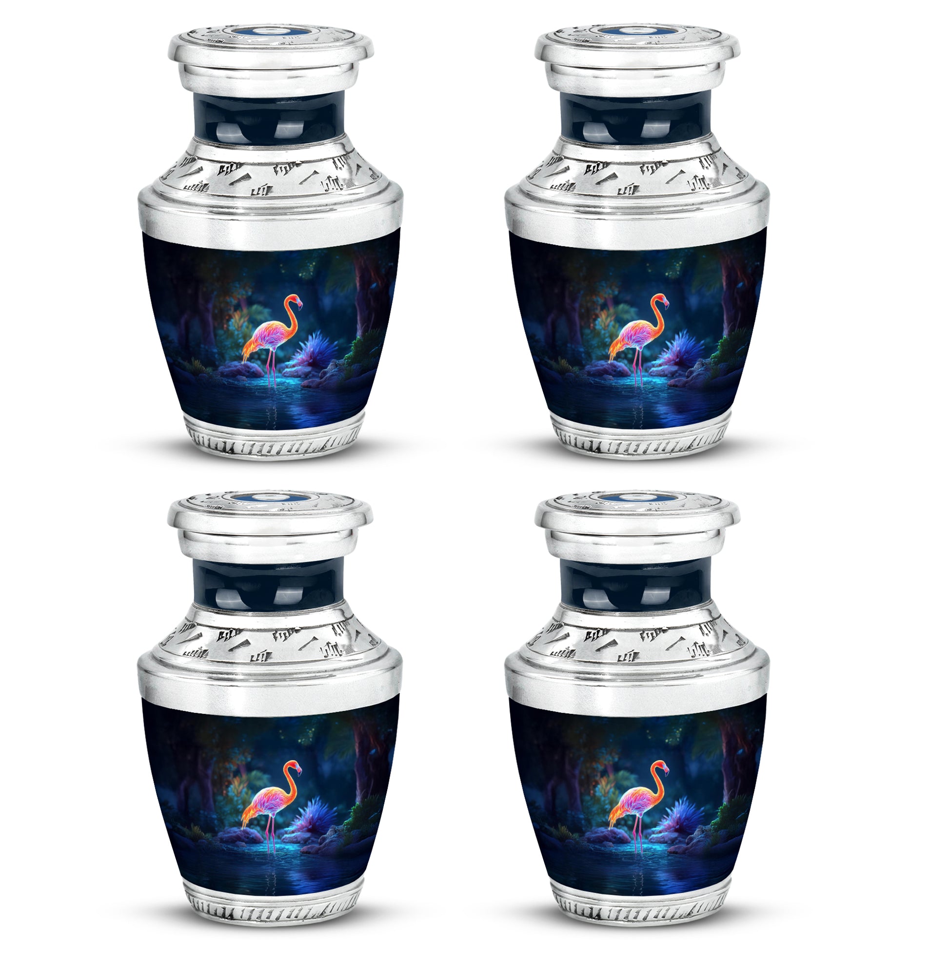 Royal Blue Flamingo Cremation Urn back view with polished surface - stylized abstract flamingo pattern with bold lines - 10 inch aluminum urn for cremated remains