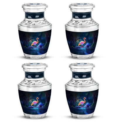 Royal Blue Flamingo Cremation Urn back view with polished surface - stylized abstract flamingo pattern with bold lines - 10 inch aluminum urn for cremated remains