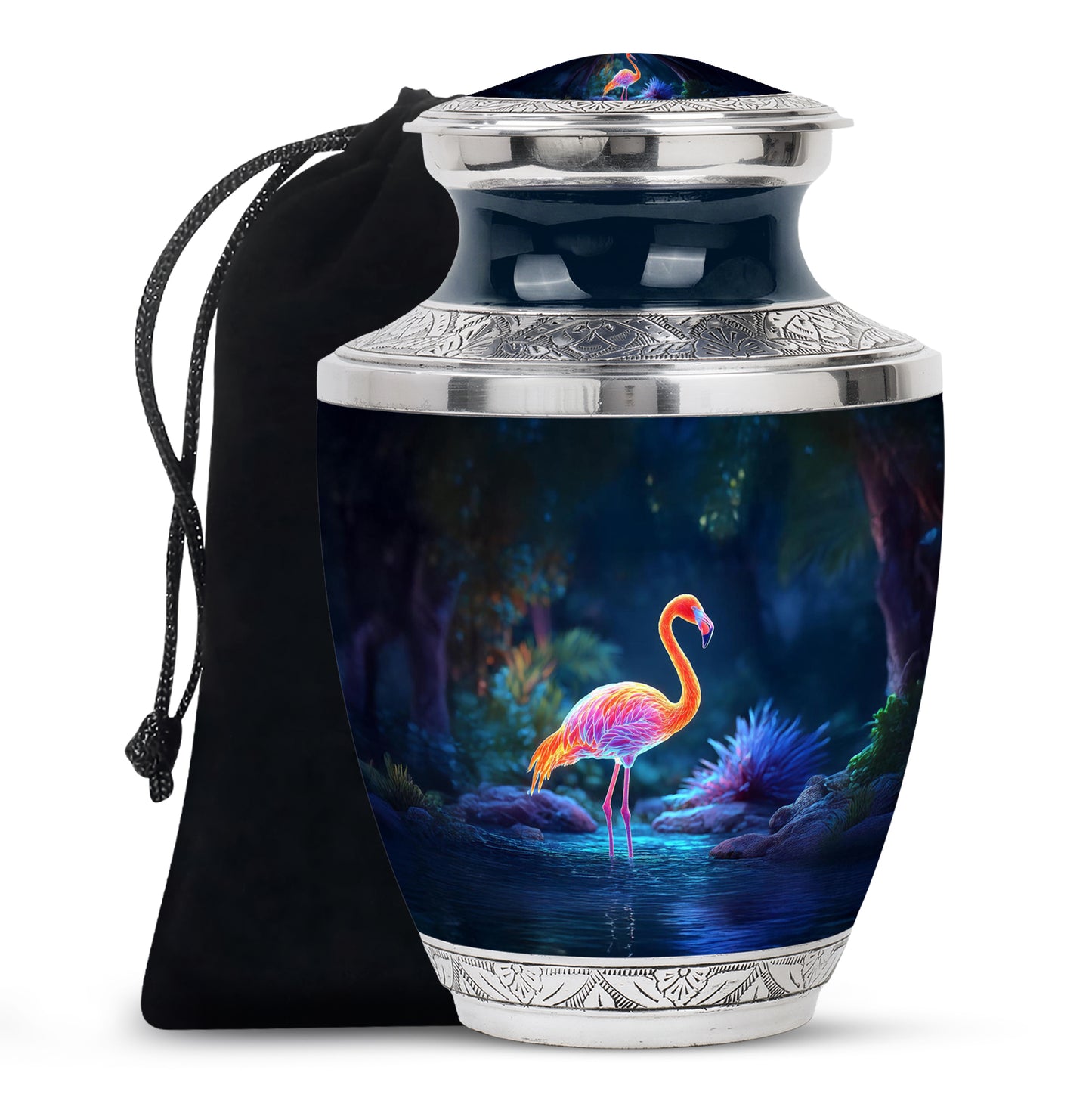 Navy Blue Flamingo Cremation Urn side profile showing urn shape - modern art-inspired flamingo motif on sleek aluminum - full-size 10 inch 200 cubic inch adult cremation urn
