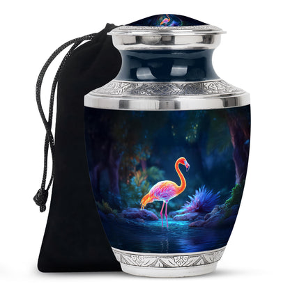 Navy Blue Flamingo Cremation Urn side profile showing urn shape - modern art-inspired flamingo motif on sleek aluminum - full-size 10 inch 200 cubic inch adult cremation urn