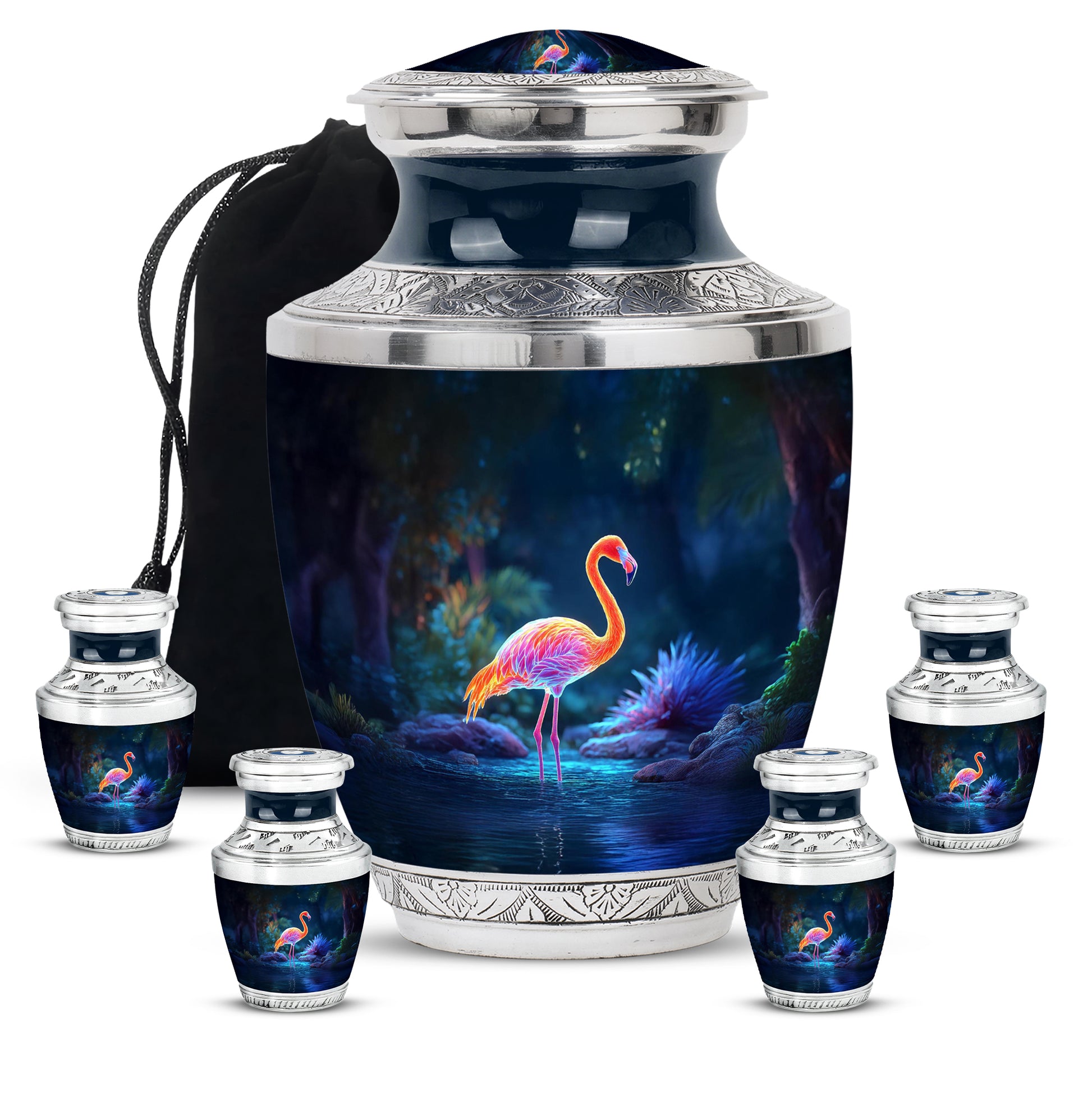 Powder Blue Flamingo Cremation Urn lifestyle display on memorial shelf - modern art-inspired flamingo motif on sleek aluminum - memorial set with one large and four small urns