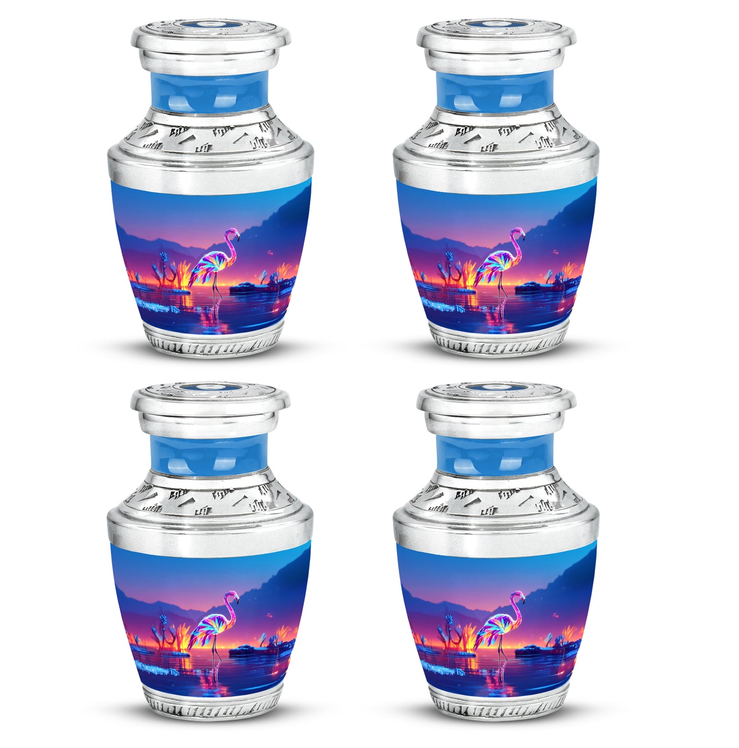 Powder Blue Flamingo Cremation Urn back view with polished surface - modern art-inspired flamingo motif on sleek aluminum - 10 inch aluminum urn for cremated remains