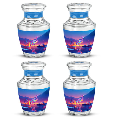 Powder Blue Flamingo Cremation Urn back view with polished surface - modern art-inspired flamingo motif on sleek aluminum - 10 inch aluminum urn for cremated remains