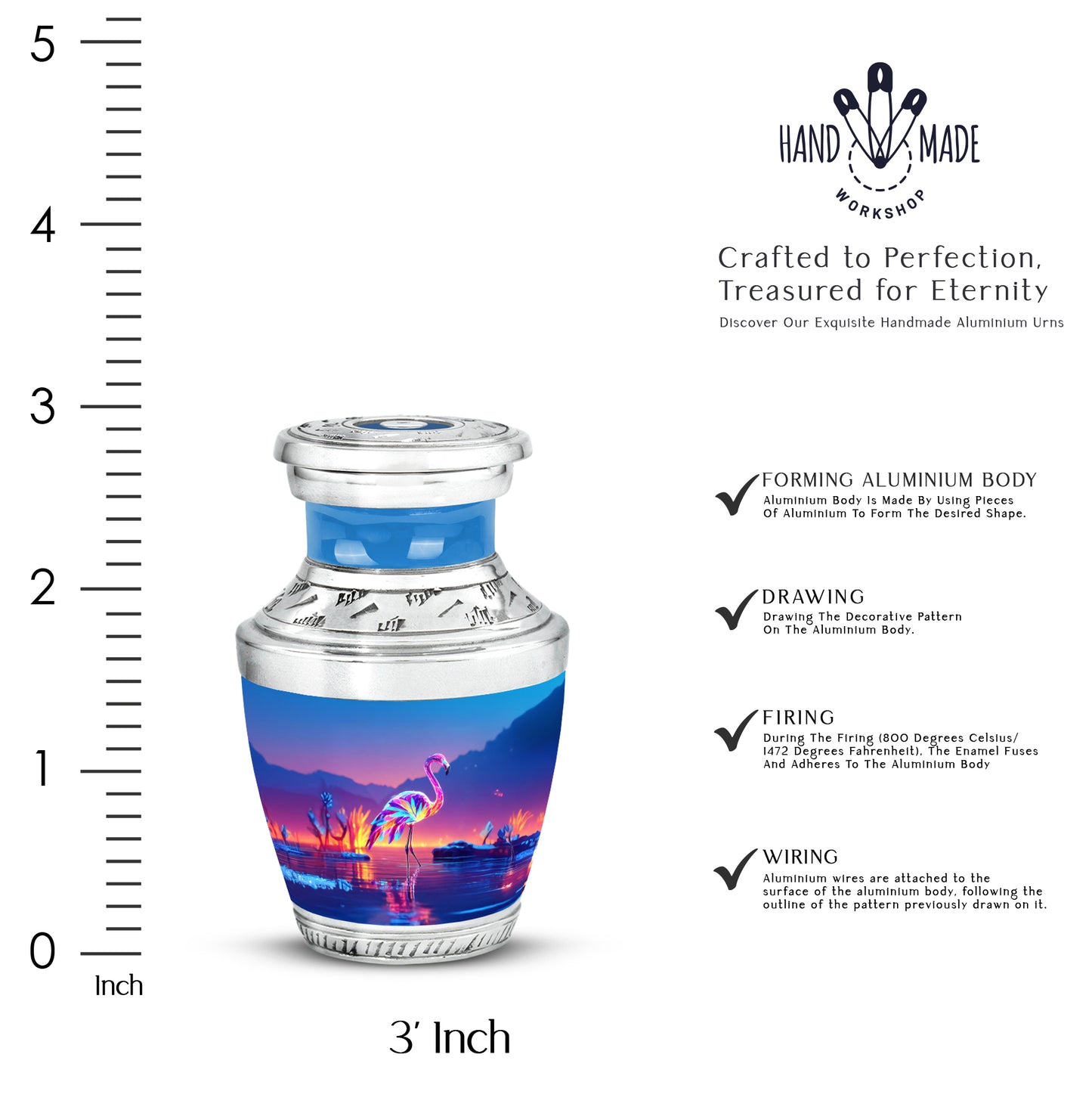 Icy Blue Flamingo Cremation Urn top-down view of secure threaded lid - contemporary flamingo design with modern artistic flair - mini keepsake memorial for portion of cremation ashes