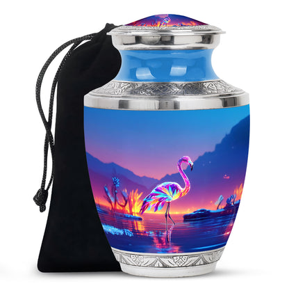 Misty Blue Flamingo Cremation Urn side profile showing urn shape - modern art-inspired flamingo motif on sleek aluminum - full-size 10 inch 200 cubic inch adult cremation urn