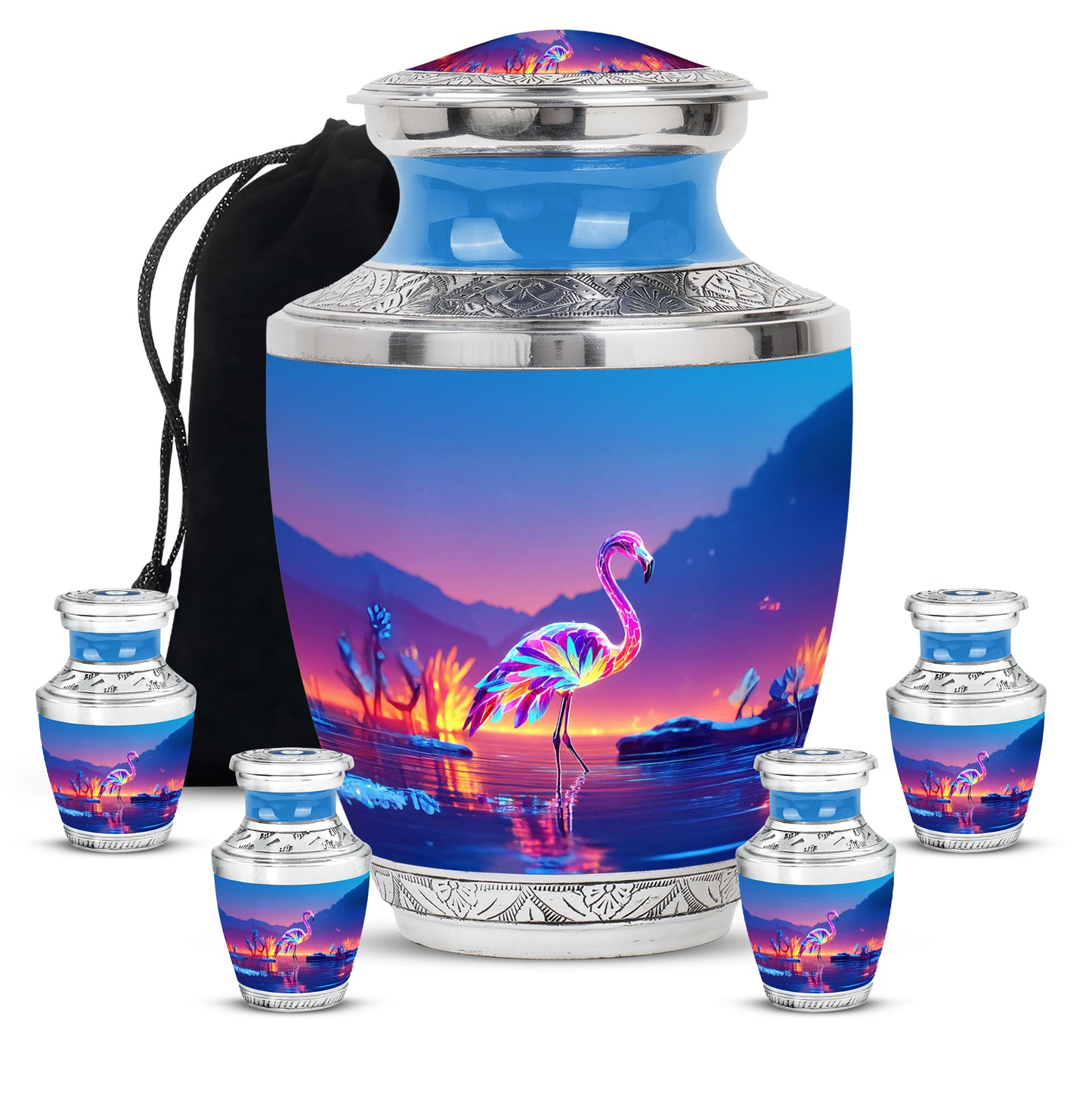 Calming Blue Flamingo Cremation Urn lifestyle display on memorial shelf - artistic flamingo interpretation with creative detail - memorial set with one large and four small urns
