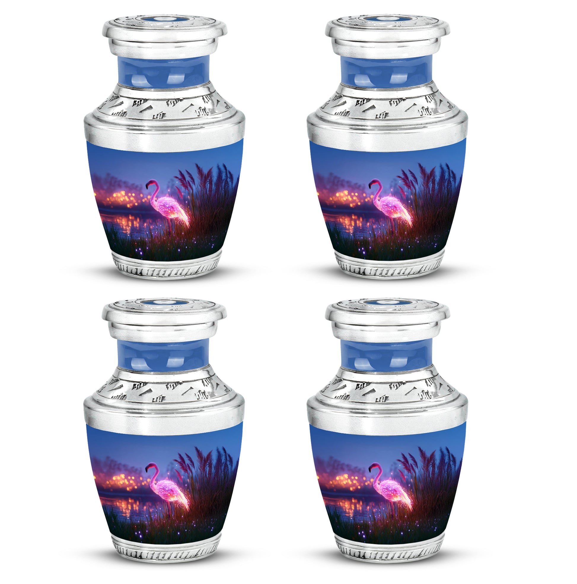 Sapphire Blue Flamingo Cremation Urn back view with polished surface - artistic flamingo interpretation with creative detail - 10 inch aluminum urn for cremated remains