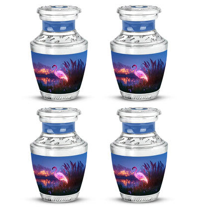 Sapphire Blue Flamingo Cremation Urn back view with polished surface - artistic flamingo interpretation with creative detail - 10 inch aluminum urn for cremated remains