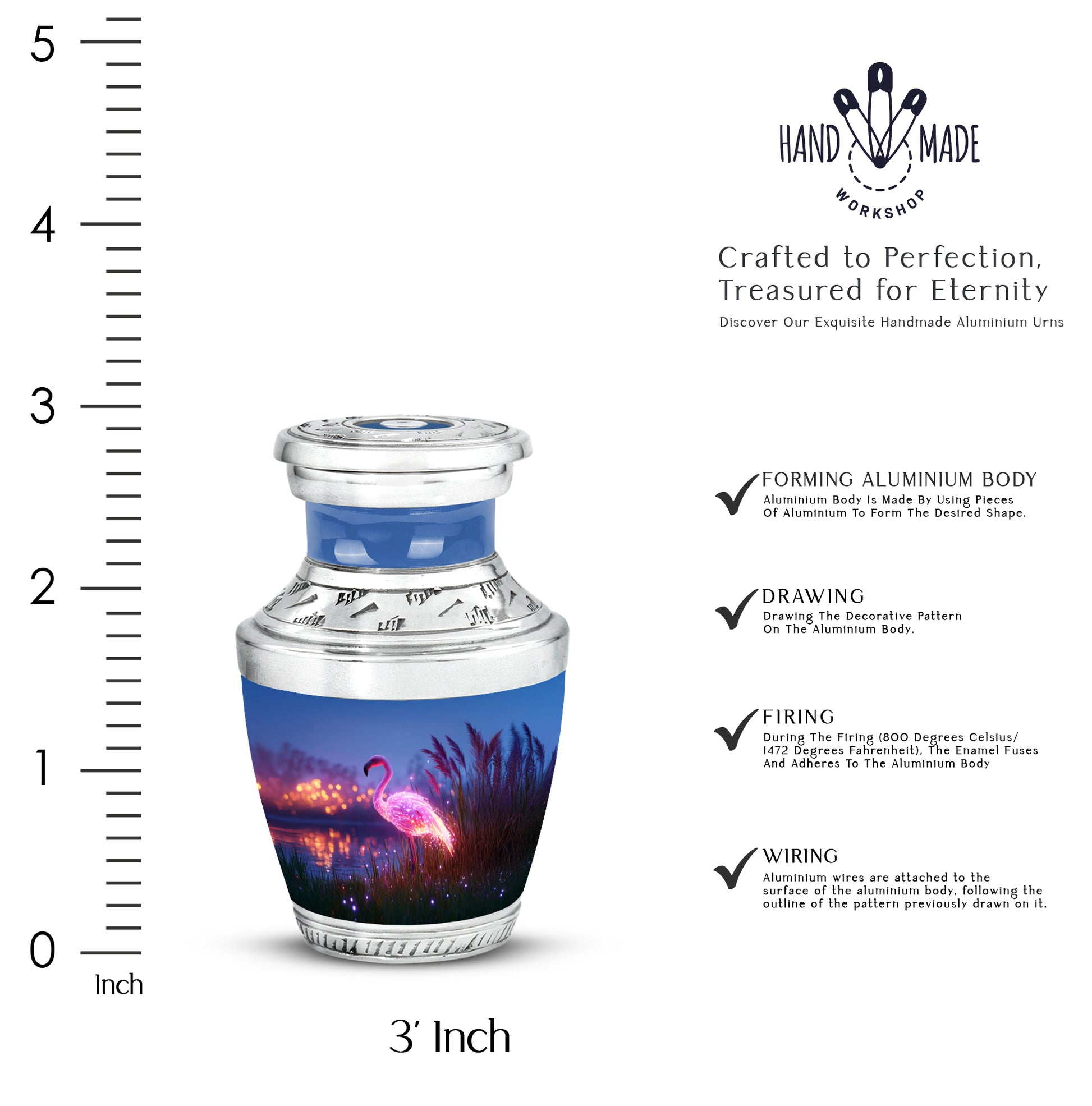 Bright Blue Flamingo Cremation Urn top-down view of secure threaded lid - stylized abstract flamingo pattern with bold lines - mini keepsake memorial for portion of cremation ashes