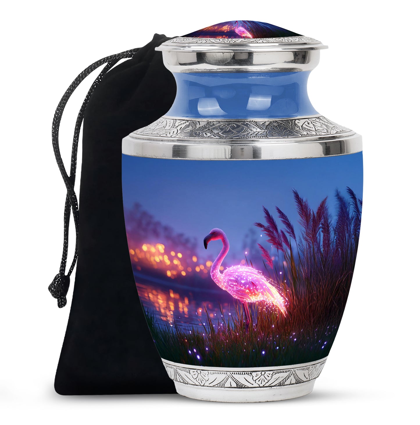 Indigo Flamingo Cremation Urn side profile showing urn shape - contemporary flamingo design with modern artistic flair - full-size 10 inch 200 cubic inch adult cremation urn