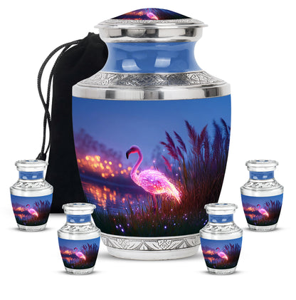 Azure Flamingo Cremation Urn lifestyle display on memorial shelf - modern art-inspired flamingo motif on sleek aluminum - memorial set with one large and four small urns