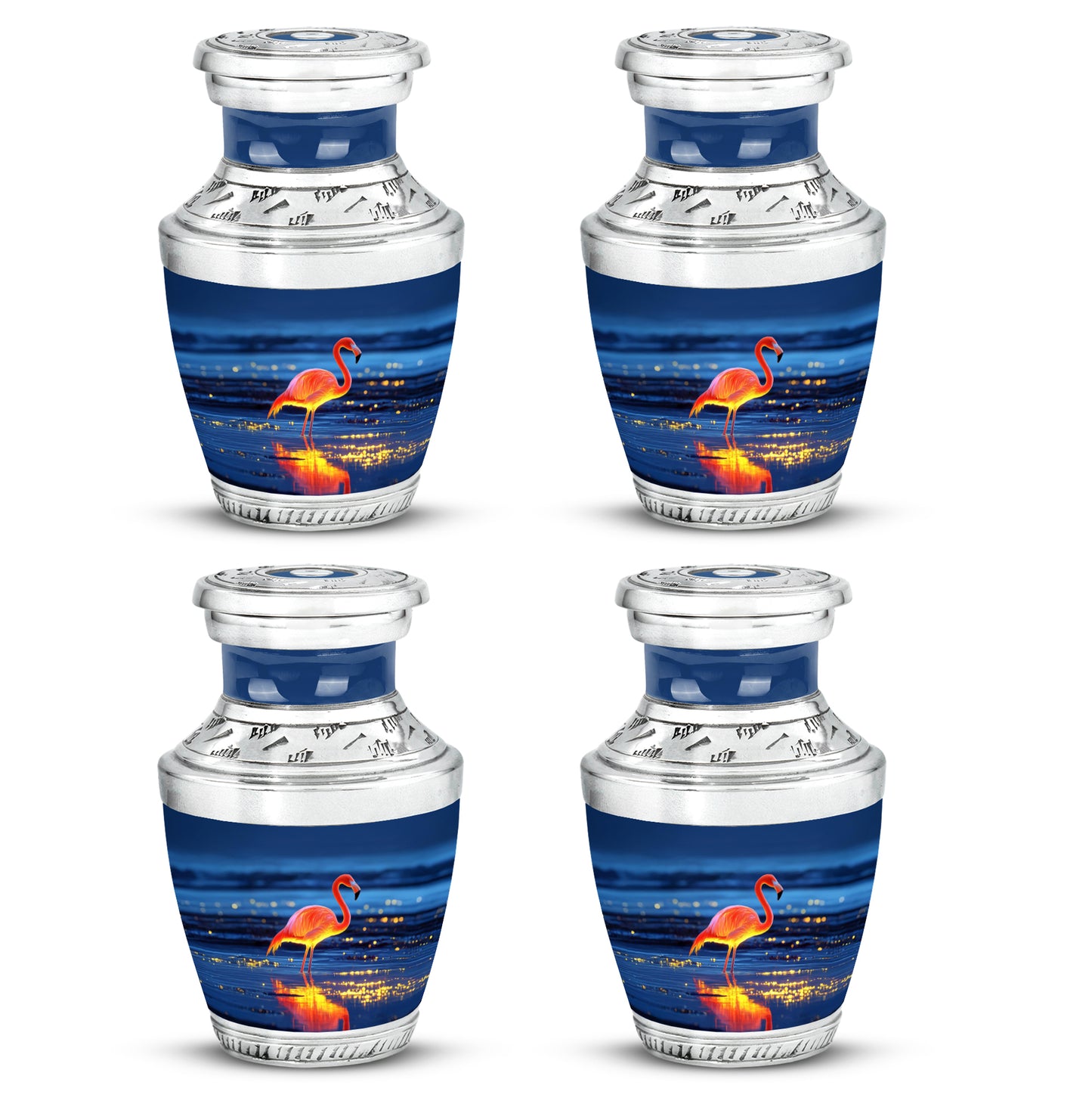 Cornflower Blue Flamingo Cremation Urn back view with polished surface - artistic flamingo interpretation with creative detail - 10 inch aluminum urn for cremated remains