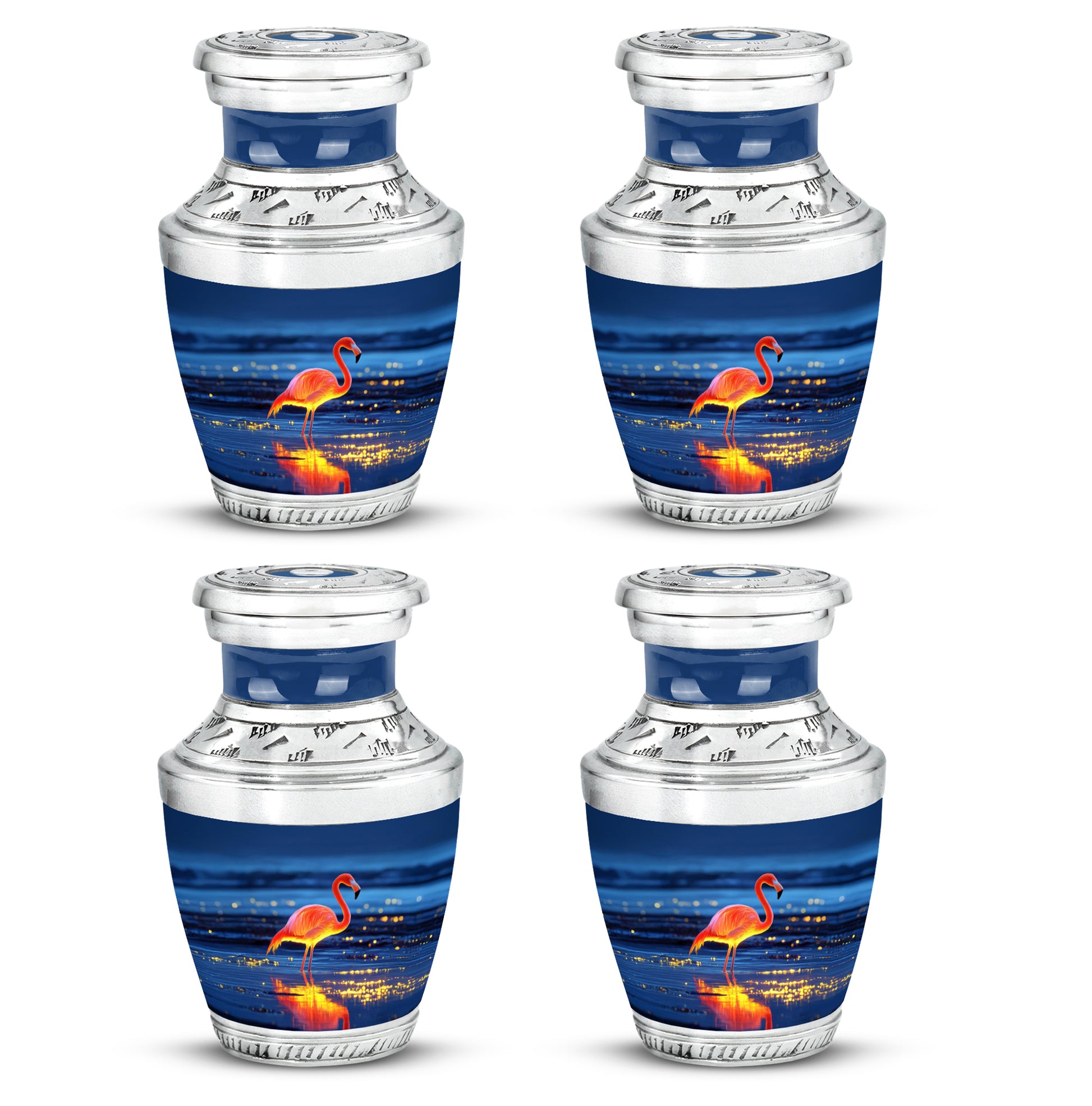 Cornflower Blue Flamingo Cremation Urn back view with polished surface - artistic flamingo interpretation with creative detail - 10 inch aluminum urn for cremated remains