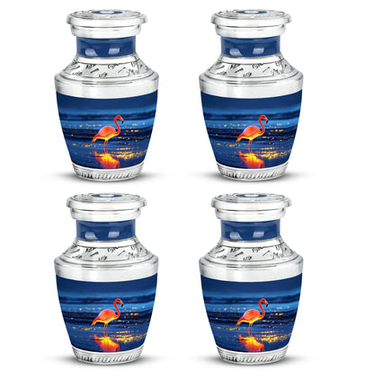 Cornflower Blue Flamingo Cremation Urn back view with polished surface - artistic flamingo interpretation with creative detail - 10 inch aluminum urn for cremated remains