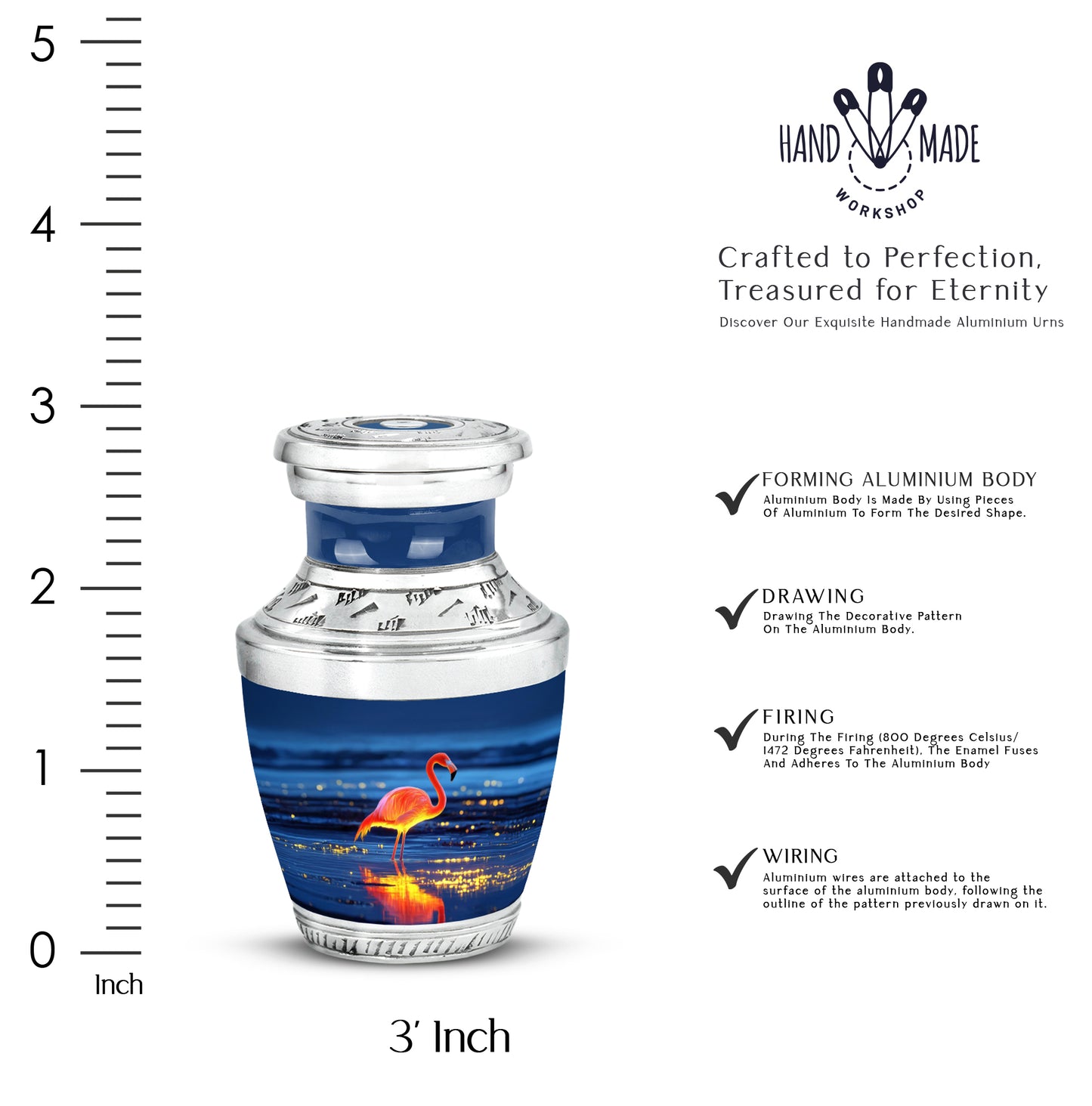 Soft Blue Flamingo Cremation Urn top-down view of secure threaded lid - stylized abstract flamingo pattern with bold lines - mini keepsake memorial for portion of cremation ashes