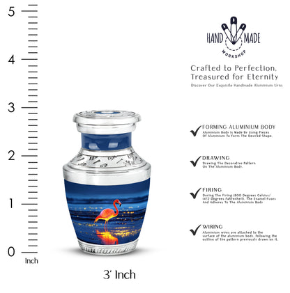 Soft Blue Flamingo Cremation Urn top-down view of secure threaded lid - stylized abstract flamingo pattern with bold lines - mini keepsake memorial for portion of cremation ashes