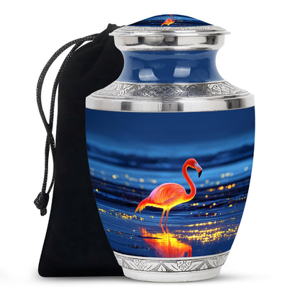 Indigo Flamingo Cremation Urn side profile showing urn shape - contemporary flamingo design with modern artistic flair - full-size 10 inch 200 cubic inch adult cremation urn