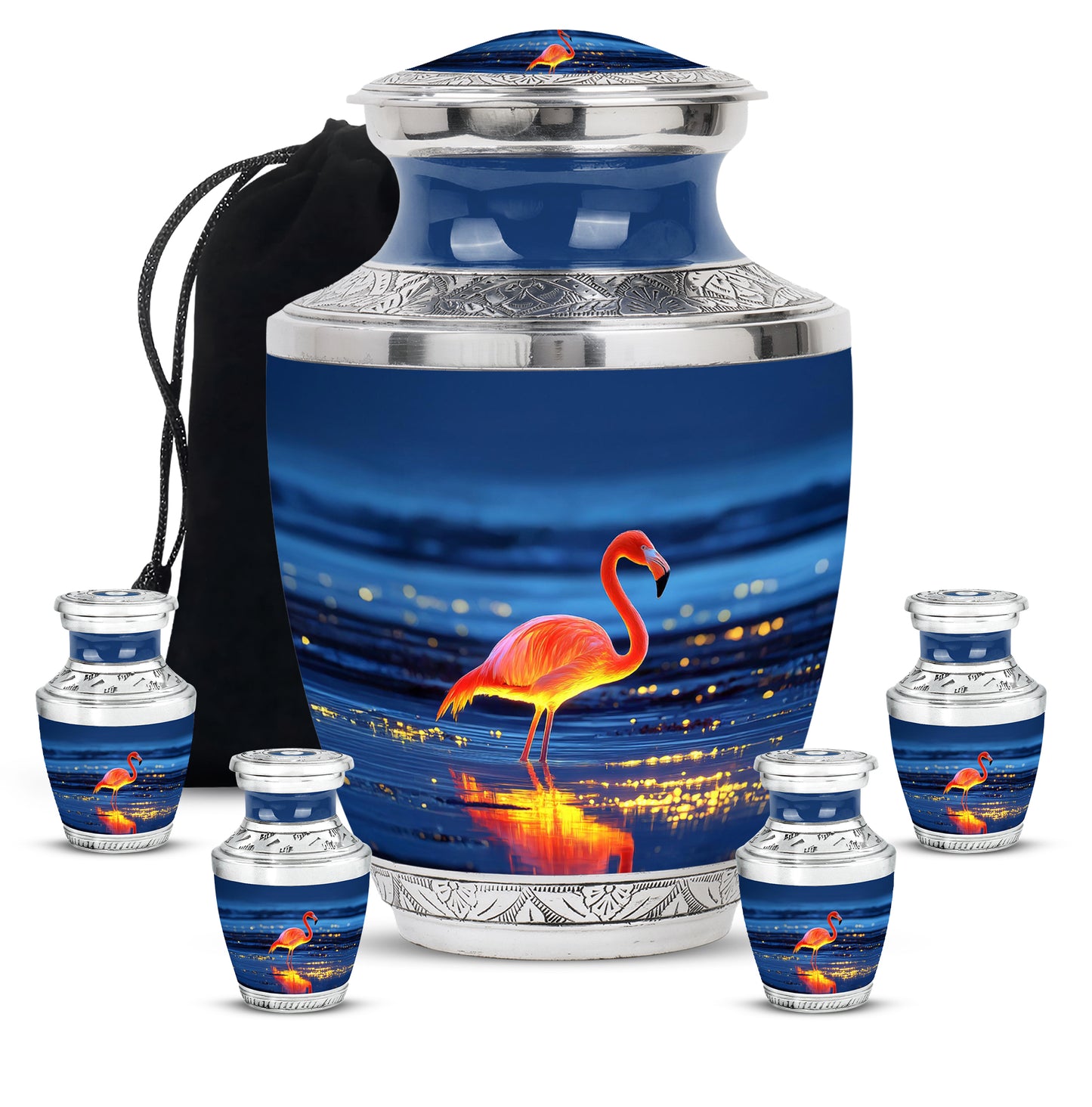 Dusty Blue Flamingo Cremation Urn lifestyle display on memorial shelf - contemporary flamingo design with modern artistic flair - memorial set with one large and four small urns