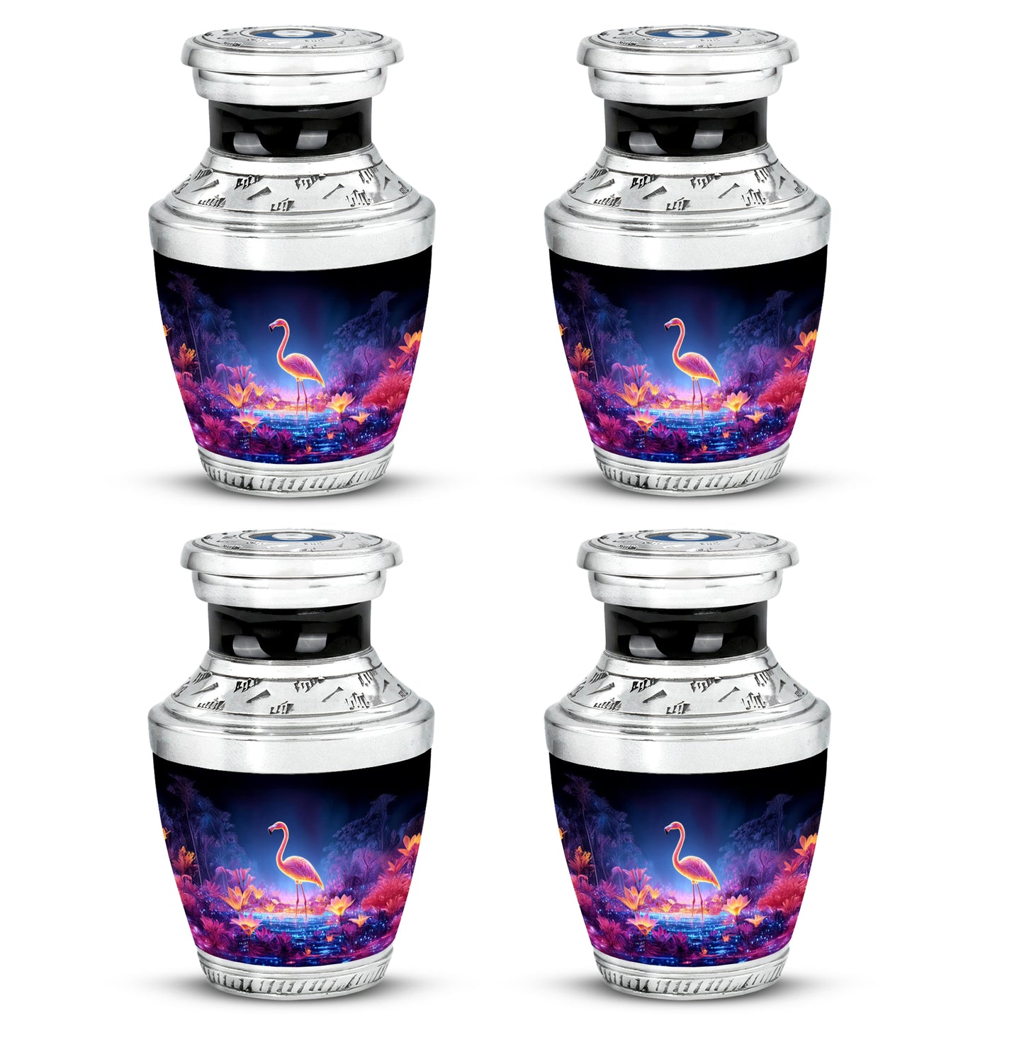 Pastel Blue Flamingo Cremation Urn back view with polished surface - modern art-inspired flamingo motif on sleek aluminum - 10 inch aluminum urn for cremated remains