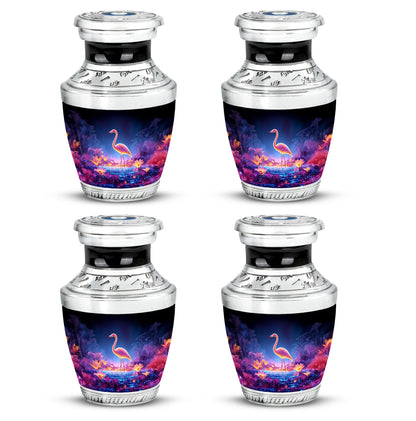 Pastel Blue Flamingo Cremation Urn back view with polished surface - modern art-inspired flamingo motif on sleek aluminum - 10 inch aluminum urn for cremated remains