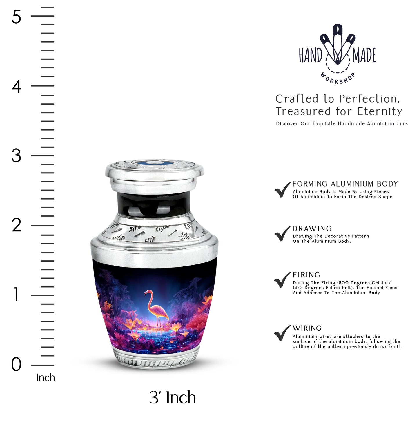 Azure Flamingo Cremation Urn top-down view of secure threaded lid - contemporary flamingo design with modern artistic flair - mini keepsake memorial for portion of cremation ashes