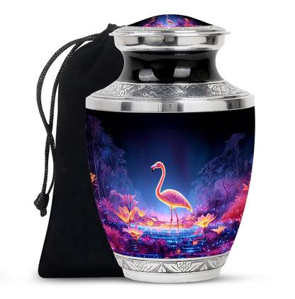 Navy Blue Flamingo Cremation Urn side profile showing urn shape - modern art-inspired flamingo motif on sleek aluminum - full-size 10 inch 200 cubic inch adult cremation urn