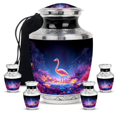 Bright Blue Flamingo Cremation Urn lifestyle display on memorial shelf - artistic flamingo interpretation with creative detail - memorial set with one large and four small urns
