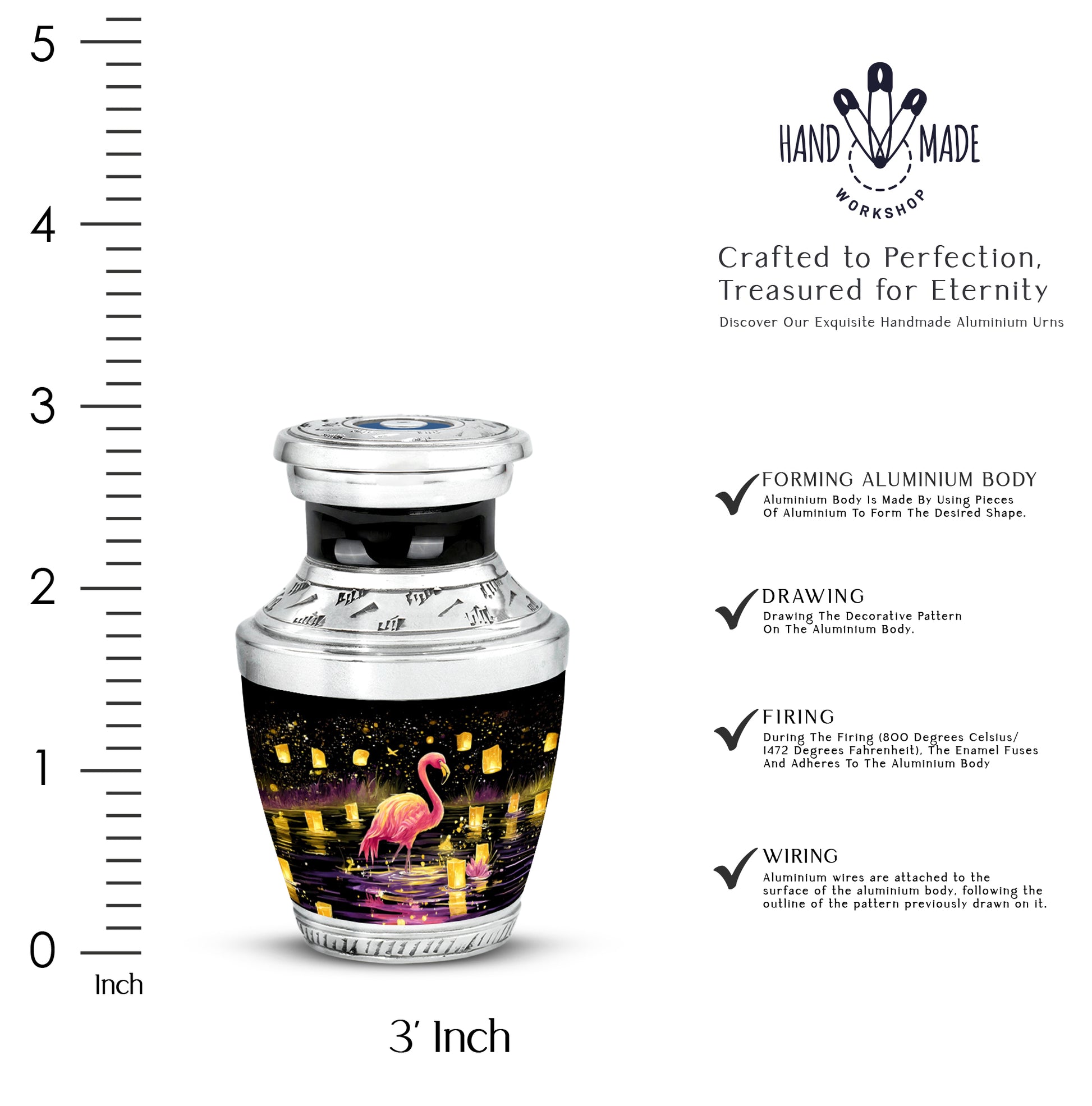 Ebony Flamingo Cremation Urn top-down view of secure threaded lid - modern art-inspired flamingo motif on sleek aluminum - mini keepsake memorial for portion of cremation ashes