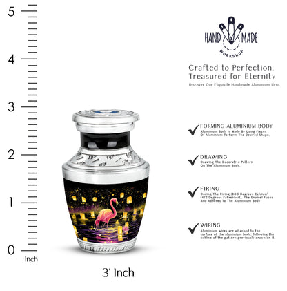 Ebony Flamingo Cremation Urn top-down view of secure threaded lid - modern art-inspired flamingo motif on sleek aluminum - mini keepsake memorial for portion of cremation ashes