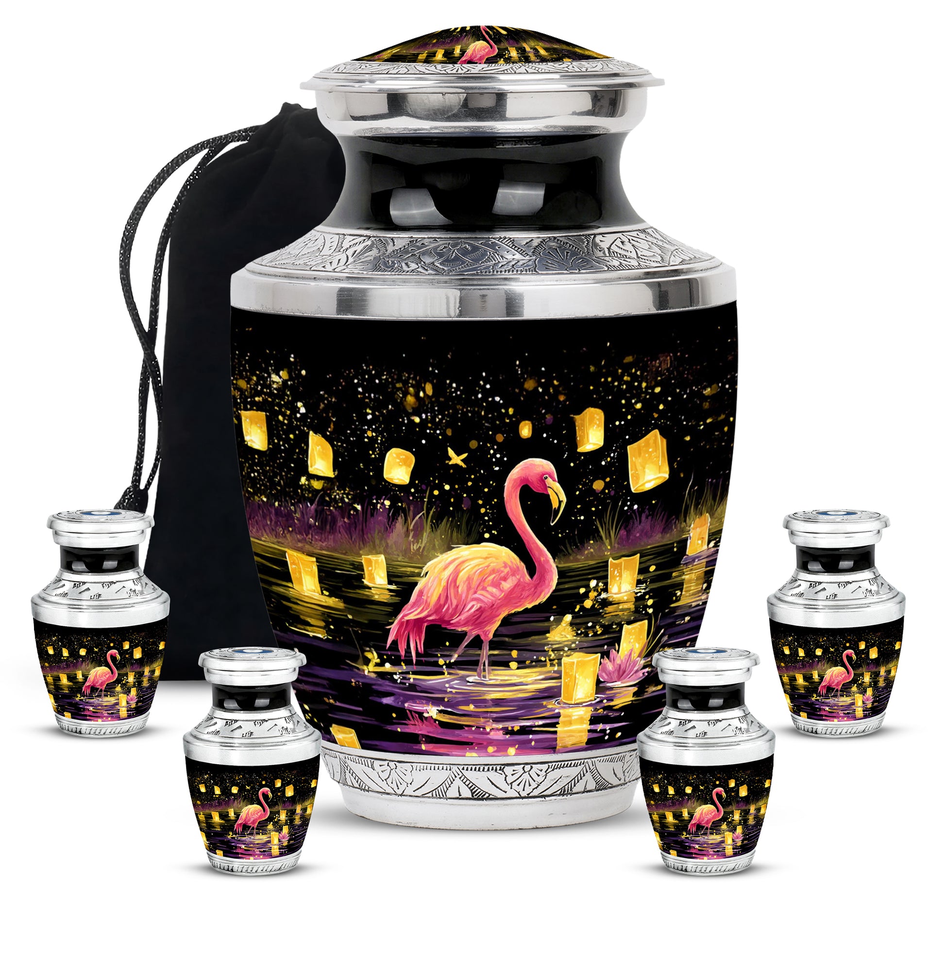 Charcoal Black Flamingo Cremation Urn lifestyle display on memorial shelf - artistic flamingo interpretation with creative detail - memorial set with one large and four small urns