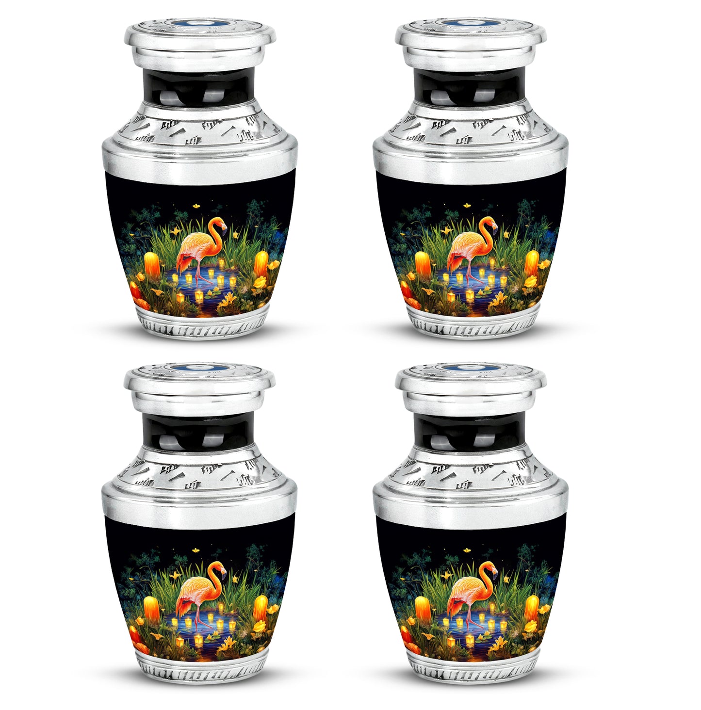 Glossy Black Flamingo Cremation Urn back view with polished surface - contemporary flamingo design with modern artistic flair - 10 inch aluminum urn for cremated remains