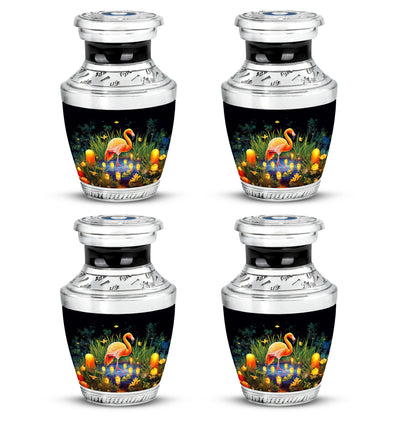 Glossy Black Flamingo Cremation Urn back view with polished surface - contemporary flamingo design with modern artistic flair - 10 inch aluminum urn for cremated remains