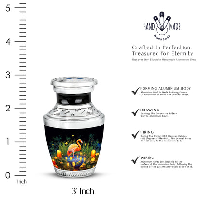 Charcoal Black Flamingo Cremation Urn top-down view of secure threaded lid - artistic flamingo interpretation with creative detail - mini keepsake memorial for portion of cremation ashes