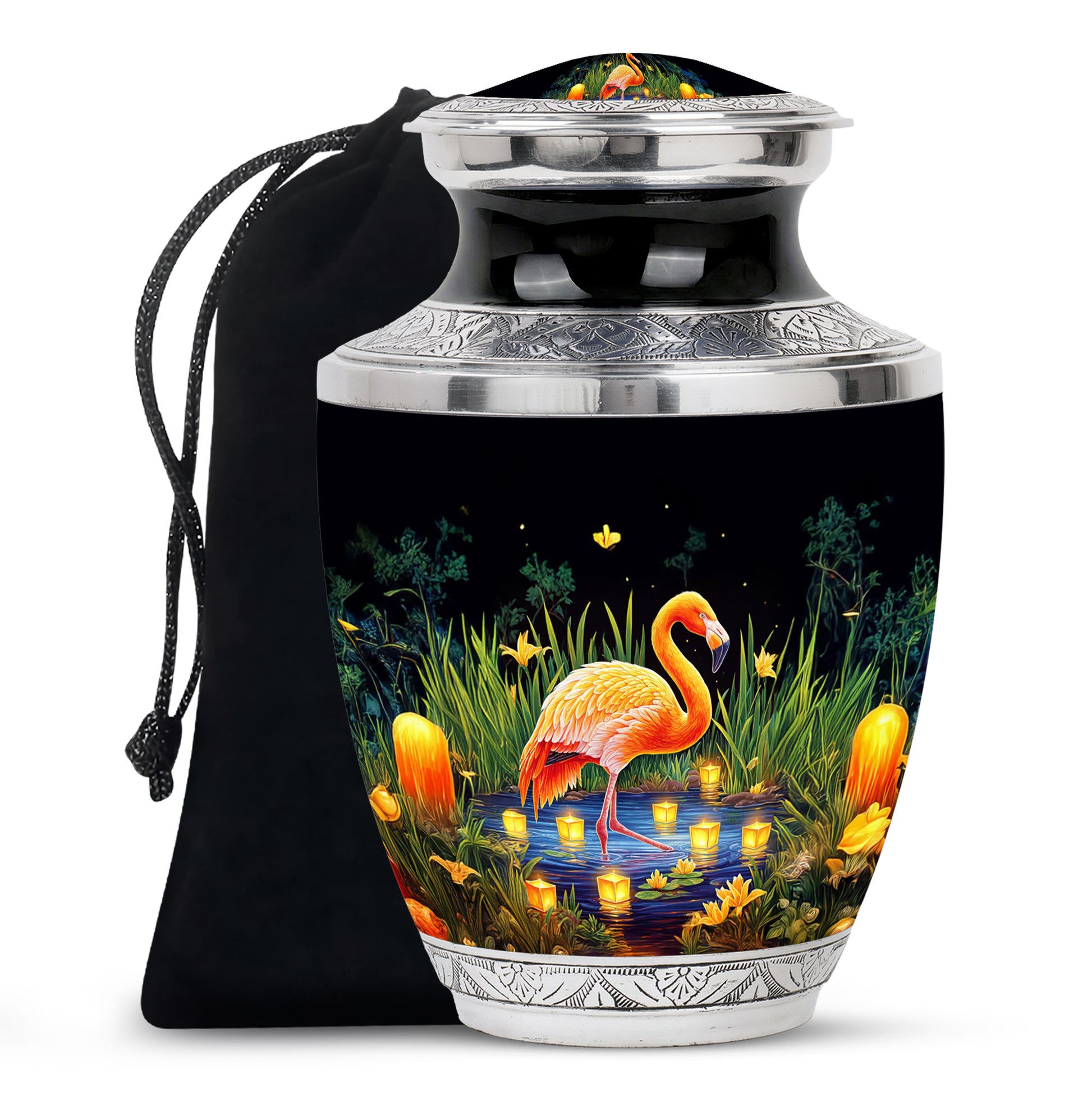 Deep Black Flamingo Cremation Urn side profile showing urn shape - modern art-inspired flamingo motif on sleek aluminum - full-size 10 inch 200 cubic inch adult cremation urn