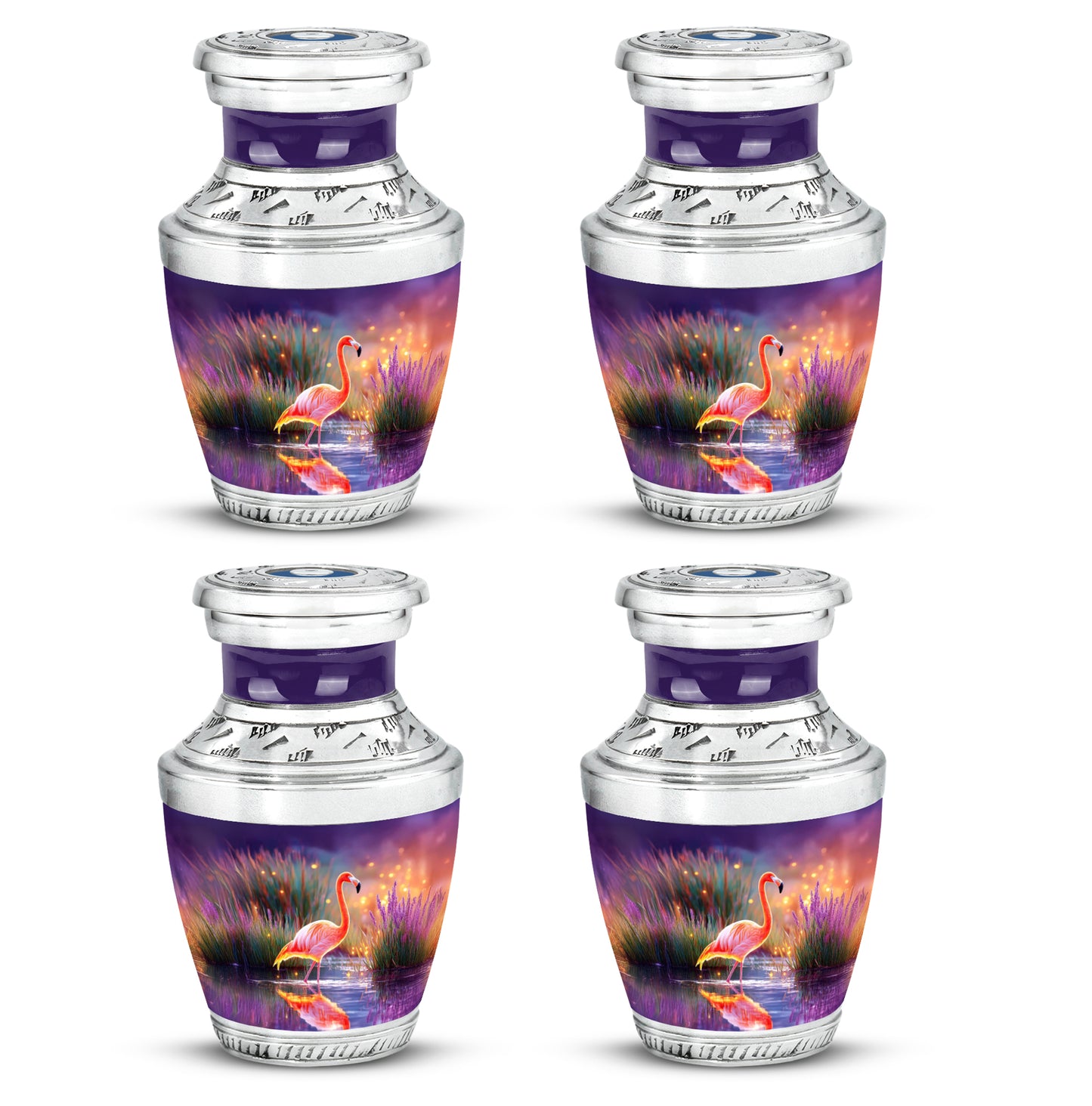 Soft Blue Flamingo Cremation Urn back view with polished surface - artistic flamingo interpretation with creative detail - 10 inch aluminum urn for cremated remains