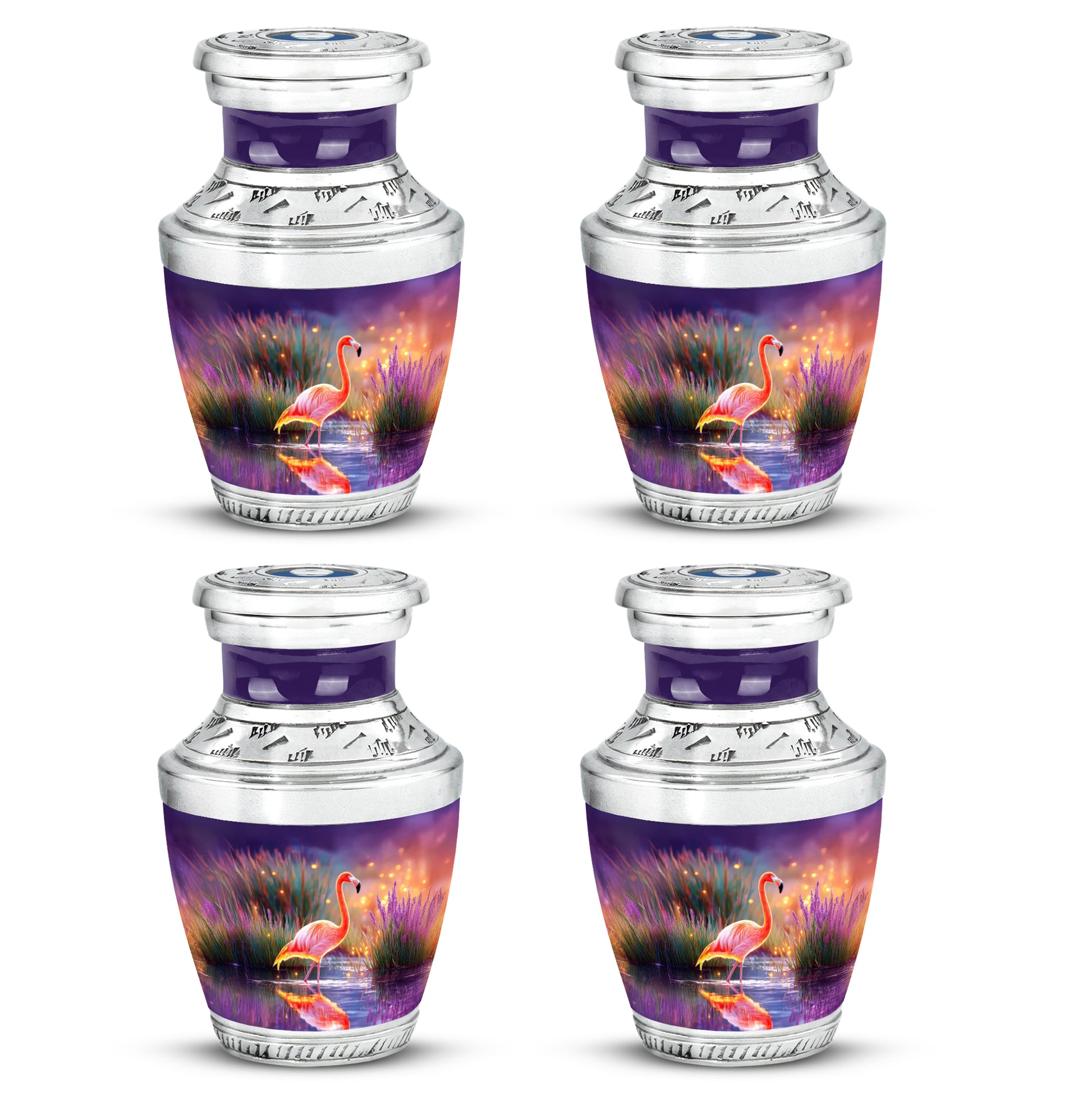 Soft Blue Flamingo Cremation Urn back view with polished surface - artistic flamingo interpretation with creative detail - 10 inch aluminum urn for cremated remains