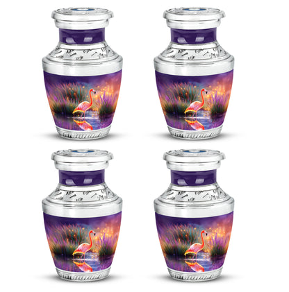 Soft Blue Flamingo Cremation Urn back view with polished surface - artistic flamingo interpretation with creative detail - 10 inch aluminum urn for cremated remains