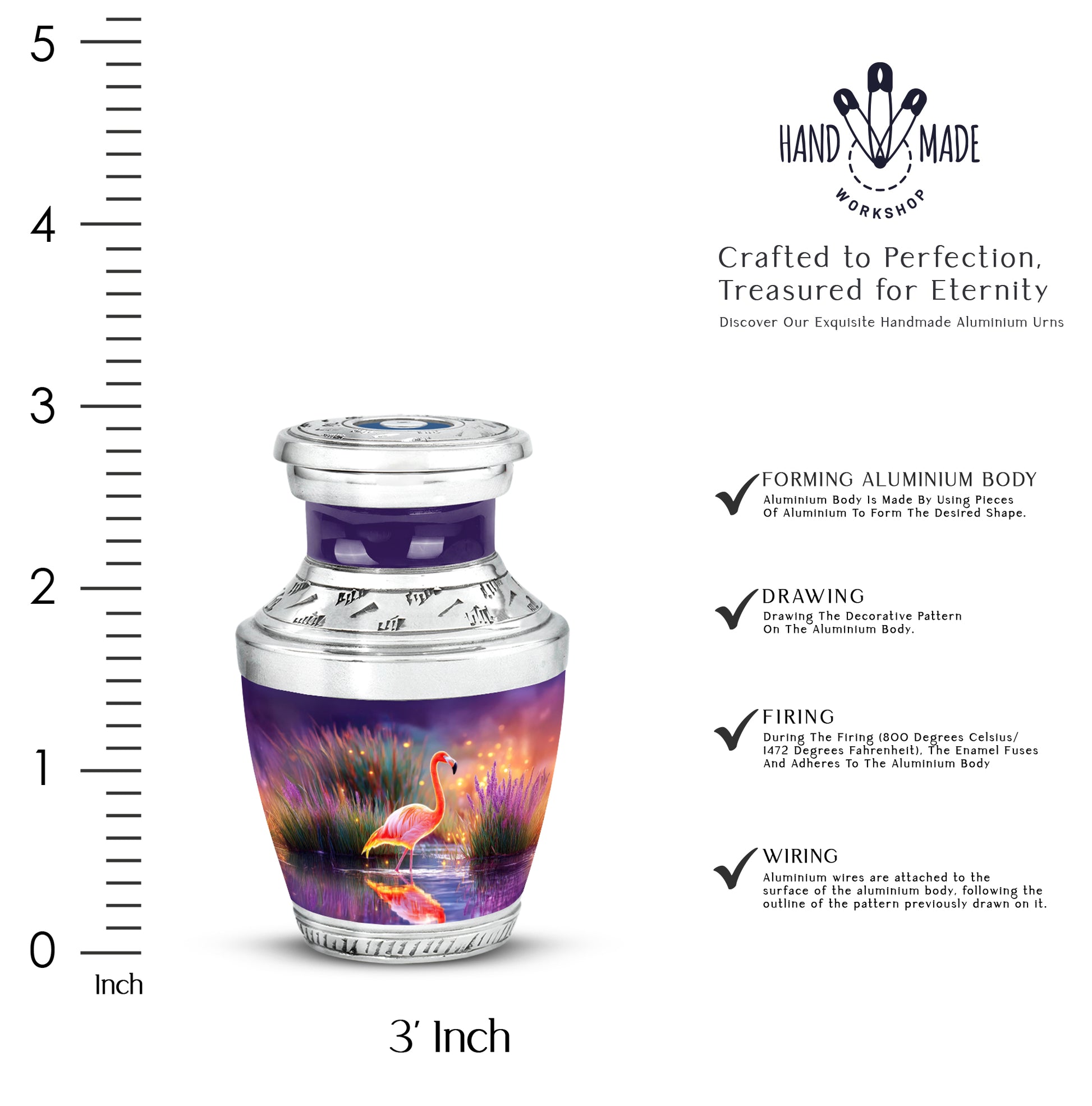 Cornflower Blue Flamingo Cremation Urn top-down view of secure threaded lid - stylized abstract flamingo pattern with bold lines - mini keepsake memorial for portion of cremation ashes