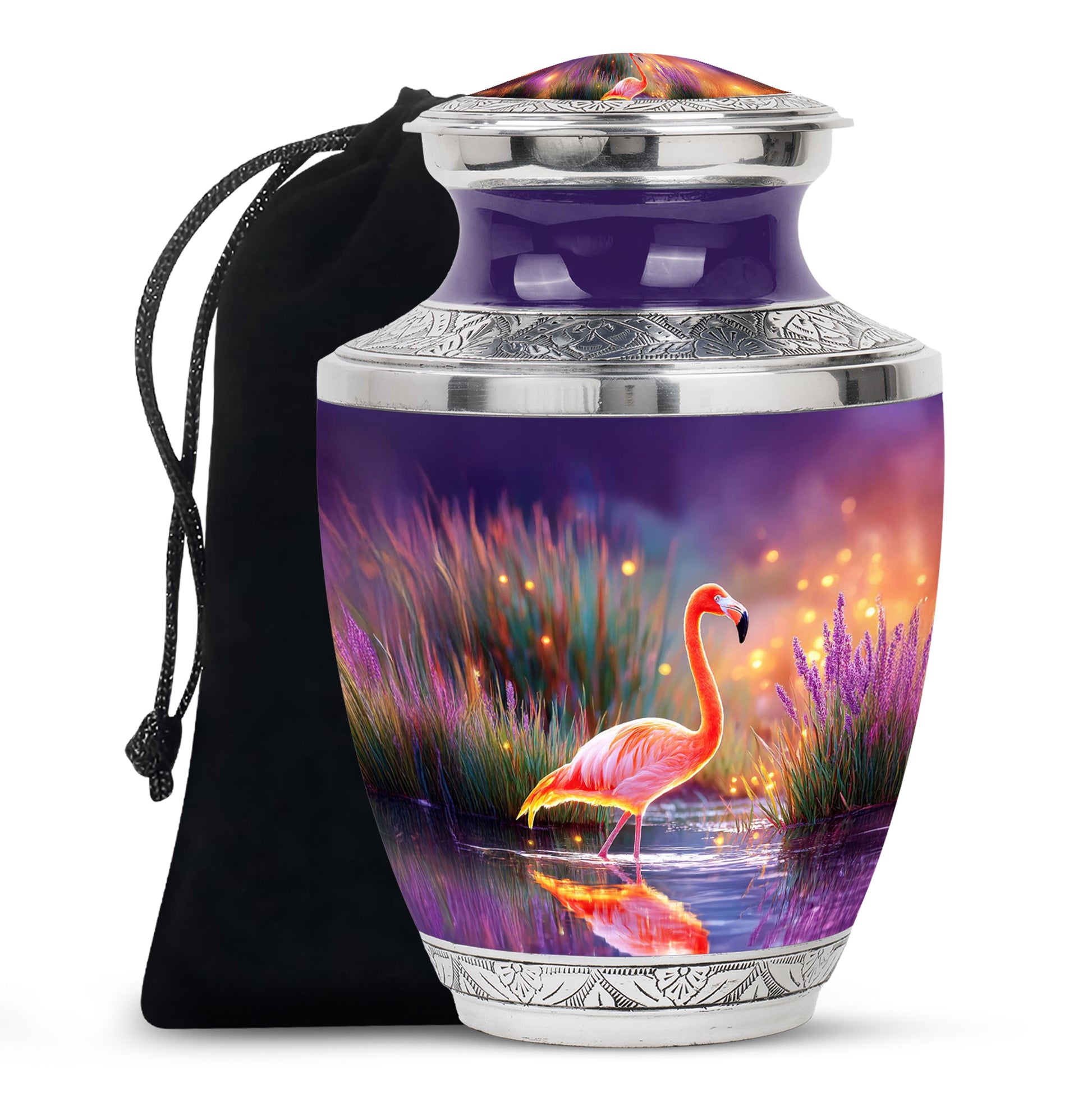 Soft Blue Flamingo Cremation Urn side profile showing urn shape - artistic flamingo interpretation with creative detail - full-size 10 inch 200 cubic inch adult cremation urn