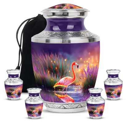 Celestial Blue Flamingo Cremation Urn lifestyle display on memorial shelf - contemporary flamingo design with modern artistic flair - memorial set with one large and four small urns