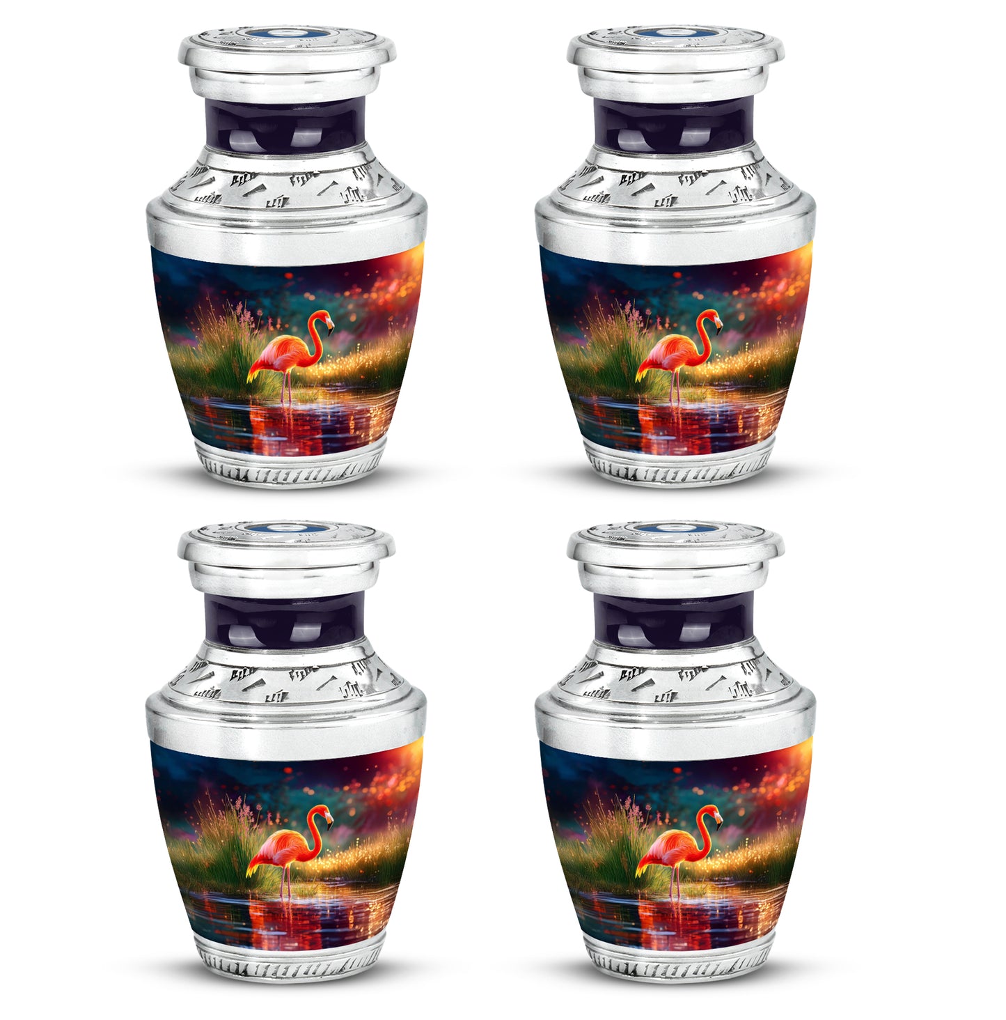 Deep Purple Flamingo Cremation Urn back view with polished surface - modern art-inspired flamingo motif on sleek aluminum - 10 inch aluminum urn for cremated remains