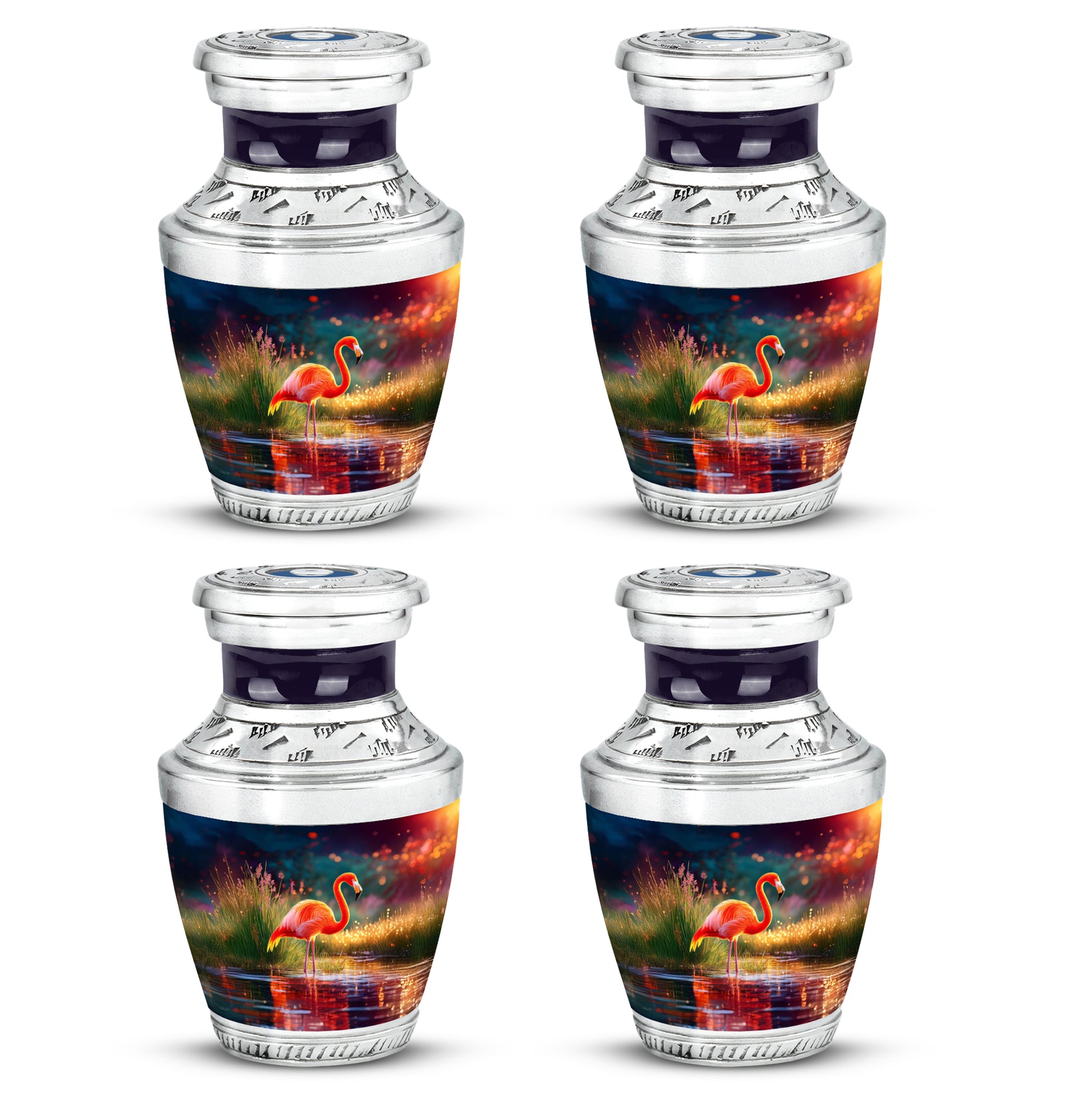 Deep Purple Flamingo Cremation Urn back view with polished surface - modern art-inspired flamingo motif on sleek aluminum - 10 inch aluminum urn for cremated remains