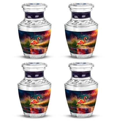 Deep Purple Flamingo Cremation Urn back view with polished surface - modern art-inspired flamingo motif on sleek aluminum - 10 inch aluminum urn for cremated remains